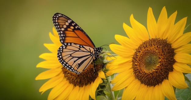 Motyl monarcha na słoneczniku Obraz z niewyraźnym tłem Świętowanie Dnia Motyli