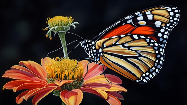 Motyl monarcha siedzący na kwiatku w malowaniu aerografem z czarnym tłem bardzo szczegółowa grafika figuratywna na DeviantArt