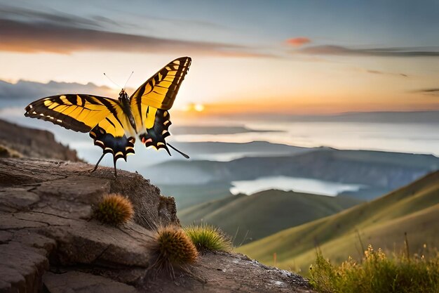 Zdjęcie motyl monarcha siedzi na klifie o zachodzie słońca.
