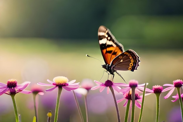 Motyl monarcha siedzi na kwiacie w polu.