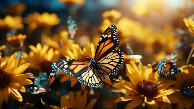 Motyl monarchy na kwiatek Obraz motyla Monarcha na słonecznika z rozmytym tłem Natur