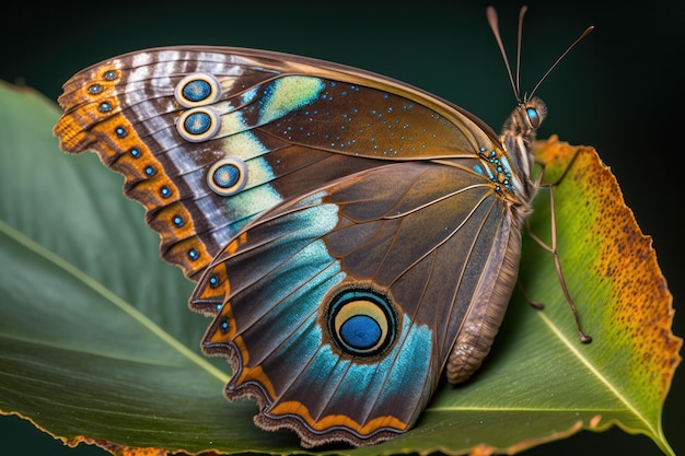 Motyl Morpho siedzi na zielonym liściem Makro