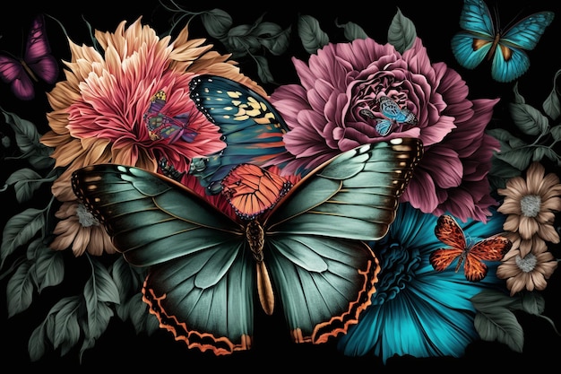 Motyl na czarnym tle z kwiatami i motylami.