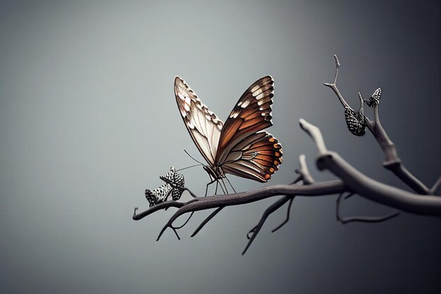 Motyl na gałęzi z dwoma innymi motylami