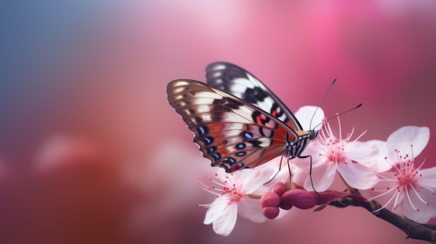 Motyl na kwiatku z różowym tłem