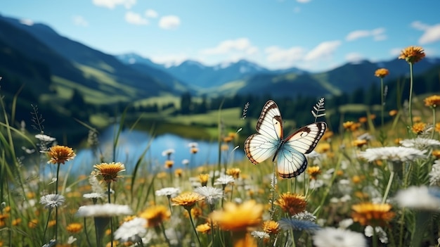 Motyl na łące z kwiatami i górami w tle