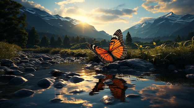 Zdjęcie motyl na liściu nad czystą rzeką o zmierzchu na górskim tle