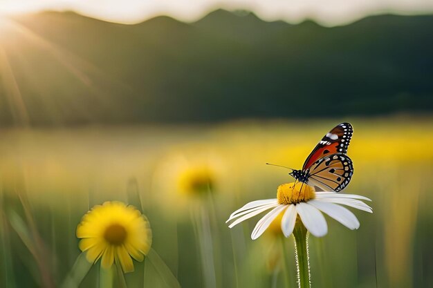 Motyl na stokrotce w słońcu