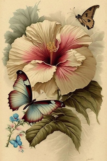 Motyl na stylu przypominającym akwarele kwiat hibiskusa