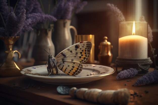 Motyl na talerzu ze świecą w tle