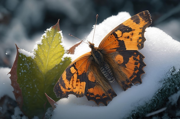 Motyl odpoczywa na liściu otaczającym śniegiem