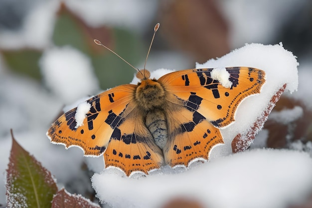 Motyl odpoczywa na liściu otaczającym śniegiem