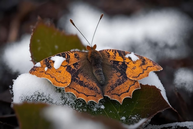 Motyl odpoczywa na zaśnieżonym liściu