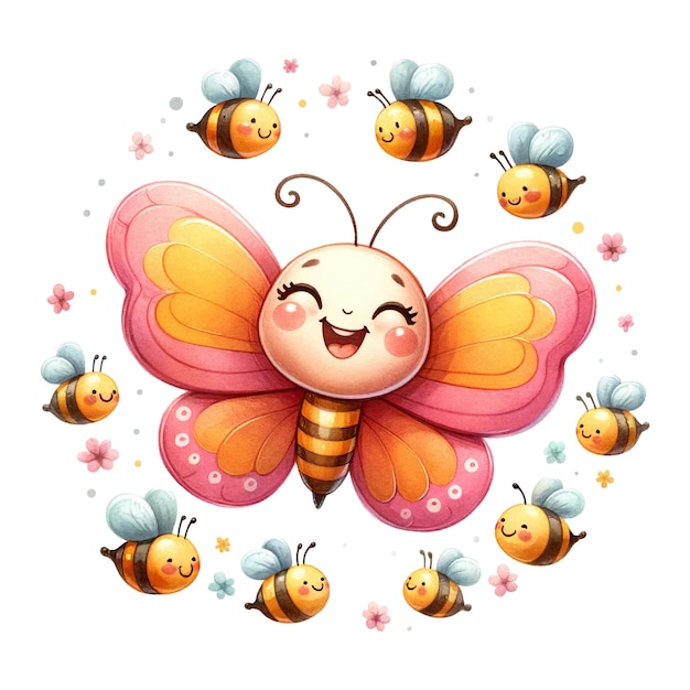 Motyl otoczony małymi pszczołami i kwiatami