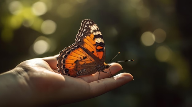 Motyl pod ręką w naturze światła słonecznego latem w Generative ai