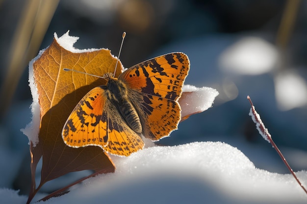 Motyl siedzący na pokrytych śniegiem liściach wygrzewający się w zimowym świetle słonecznym