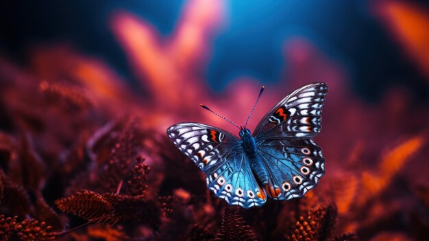 Motyl siedzący na roślinie z czerwonymi liśćmi i niebieskimi kwiatami