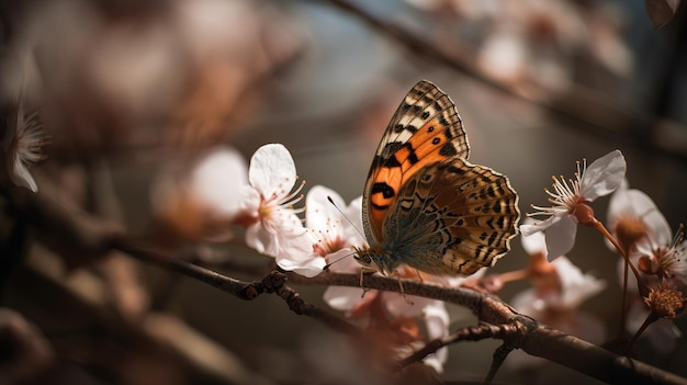 Motyl siedzi na gałęzi z różowymi kwiatami.