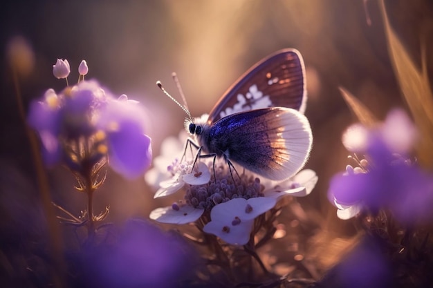 Motyl siedzi na kwiacie w słońcu.