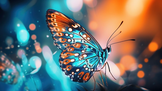 Motyl siedzi na kwiacie z niebieskimi i pomarańczowymi kolorami.
