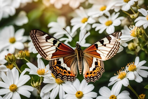 Zdjęcie motyl siedzi na kwiecie, a za nim słońce.