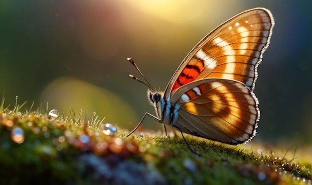 Motyl siedzi na zielonej trawie pokrytej w miejscach z racemami