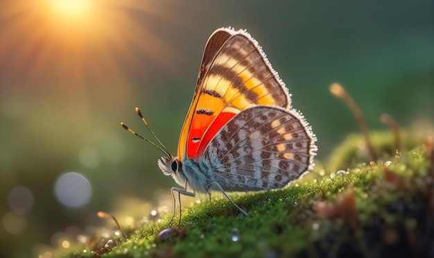 Motyl siedzi na zielonej trawie pokrytej w miejscach z racemami