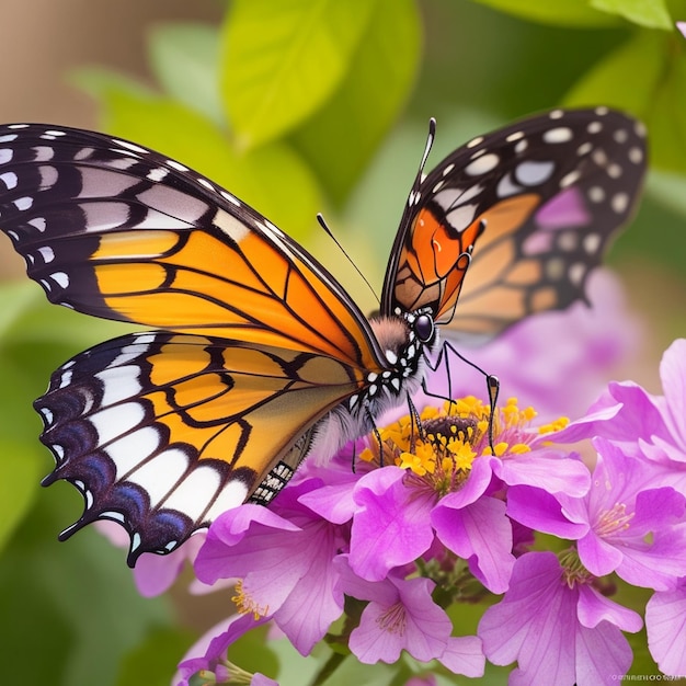 Motyl stojący na kwiatku z rozpostartymi skrzydłami Wygenerowane przez AI