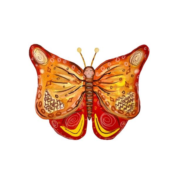 Motyl teksturowanej czerwony pomarańczowy prosty płaski szkic. Ilustracja akwarela. Ręcznie rysowane teksturowane.