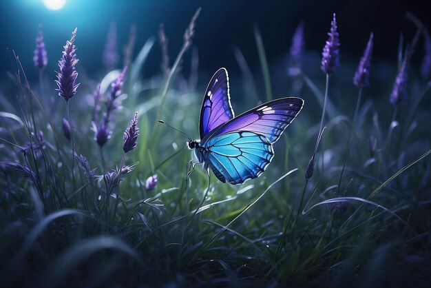 Motyl w trawie na łące w nocy w jasnym świetle księżyca na naturze w niebieskich i fioletowych tonach makro Wspaniały magiczny artystyczny obraz przestrzeni kopii snu