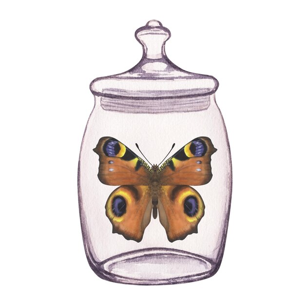 Motyl wewnątrz przezroczystego szklanego słoika Handdrawn akwarela ilustracja na białym tle Na pocztówki plakaty naklejki drukuje