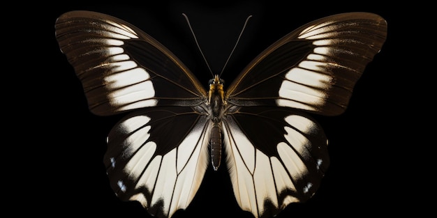 Motyl z białymi i czarnymi skrzydłami jest pokazany na czarnym tle.