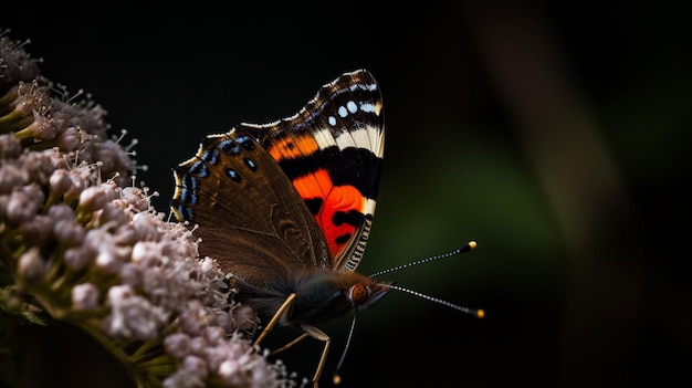 Motyl z czerwoną plamką na grzbiecie siedzi na kwiacie.