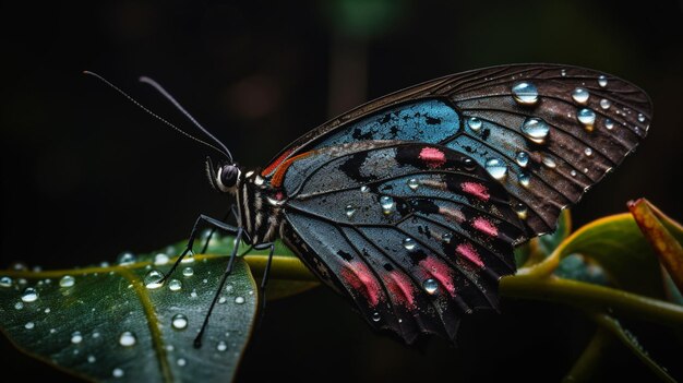 Motyl z czerwonymi i czarnymi skrzydłami siedzi na liściu z napisem deszcz.