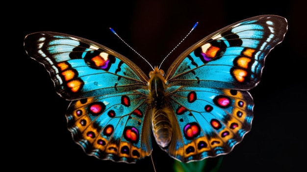Motyl z jasnoniebieskimi skrzydłami jest pokazany na czarnym tle.