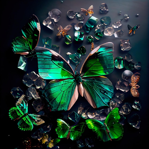 Motyl z kamieni szlachetnych i kryształów Szmaragdowe lub turmalinowe zielone kryształy Biżuteria z kryształów Generative AI Art