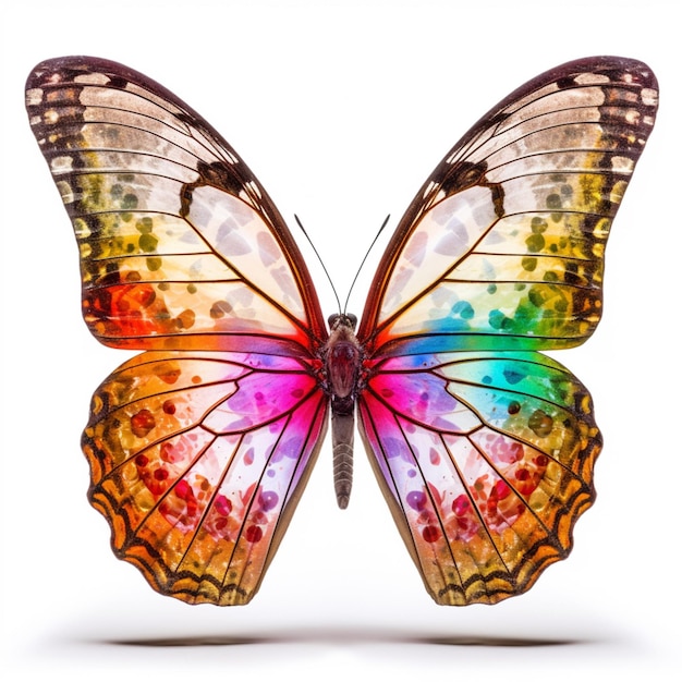 Motyl z kolorowymi skrzydłami na białym tle z cieniem generatywnym ai