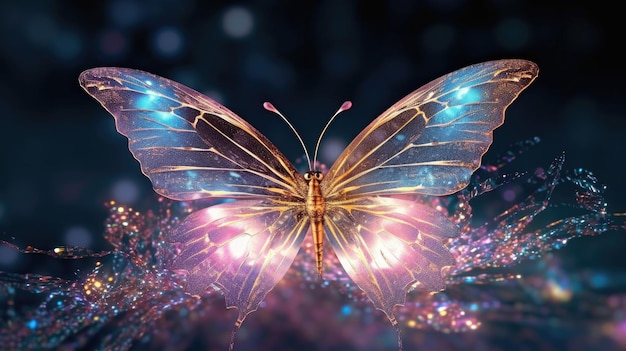 Motyl z niebieskimi i różowymi skrzydłami otoczony jest bąbelkami.