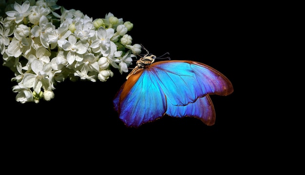 Motyl z niebieskimi i żółtymi skrzydłami siedzi na kwiacie.