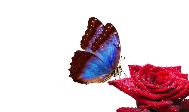 motyl z niebieskimi skrzydłami i czerwonymi plamami