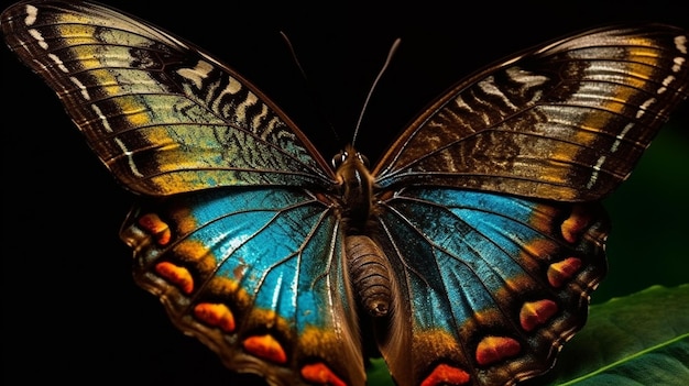 Motyl z niebieskimi skrzydłami i pomarańczowymi znaczeniami na skrzydłach