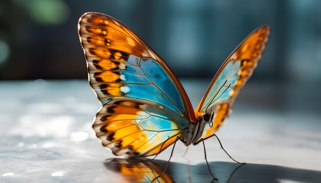 Motyl z niebieskimi skrzydłami siedzi na stole