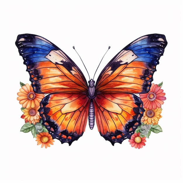 motyl z pomarańczowymi i niebieskimi skrzydłami i kwiatami na białym tle generatywna ai