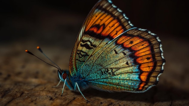 Motyl z pomarańczowymi i niebieskimi skrzydłami siedzi na drewnianej powierzchni.