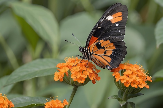 Motyl z pomarańczowymi skrzydłami i czarnymi i pomarańczowe skrzydła jest siedzący na kwiecie