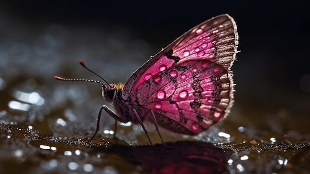 Motyl Z Różowymi Skrzydłami Siedzi Na Mokrej Powierzchni.