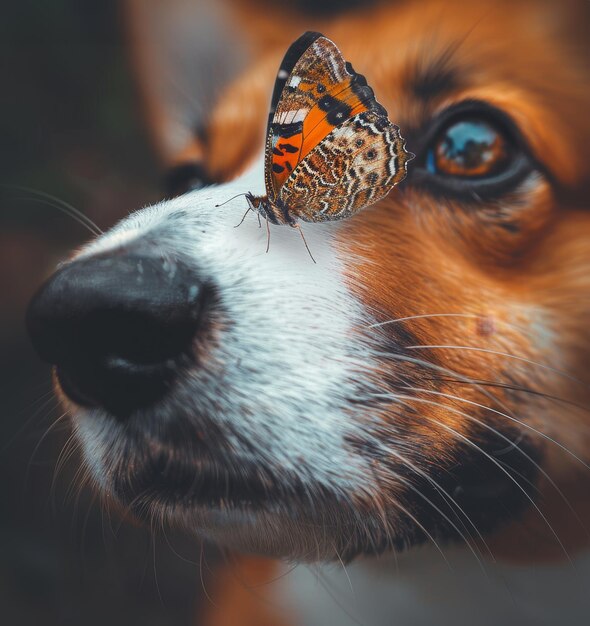 Zdjęcie motyl z skrzydłami przypominającymi witraże siedzi na nosie psa corgi, miękkie rozmycie futra i oczy w tle. ten moment uchwyca poetycką i delikatną interakcję.