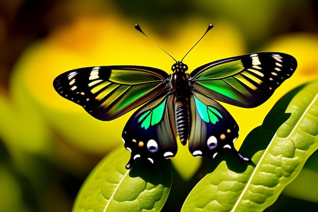 Motyl z zielonymi skrzydłami i niebieskimi i czarnymi skrzydłami siedzi na liściu.