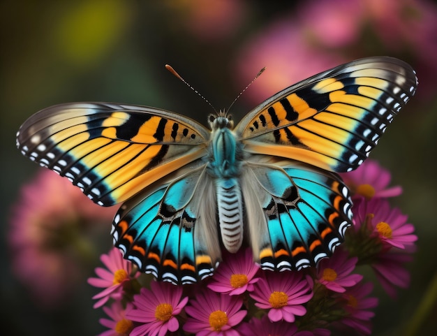 Motyl z żółtym pierścieniem wokół skrzydła jest na różowym kwiacie.