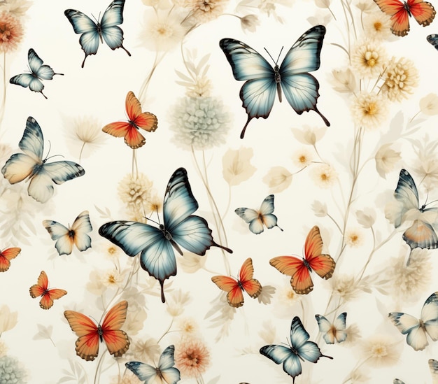 Motyle i kwiaty na białym tle z białym tłem generatywny ai